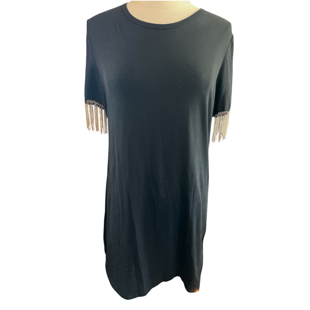 Ontwelfth Black T-Shit Dress with Rhinestone Sliver Bead Fringe trim Sleeves XL